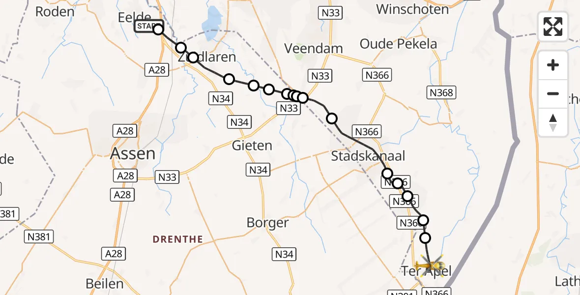 Vluchtroute Traumahelikopter Groningen Airport Eelde - Ter Apel, 18 oktober 2026, 13:29