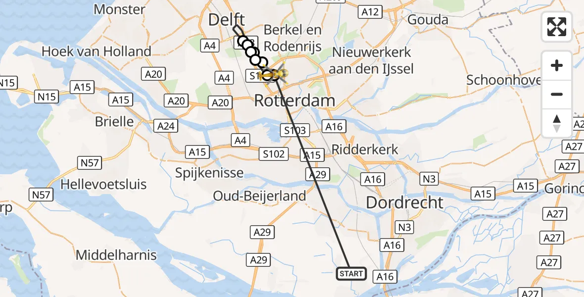 Vluchtroute Traumahelikopter Strijen - Rotterdam The Hague Airport, 18 oktober 2026, 13:58