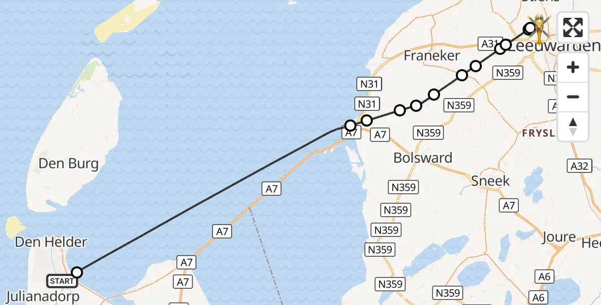Vluchtroute Ambulancehelikopter Den Helder - Vliegbasis Leeuwarden, 18 oktober 2026, 15:38