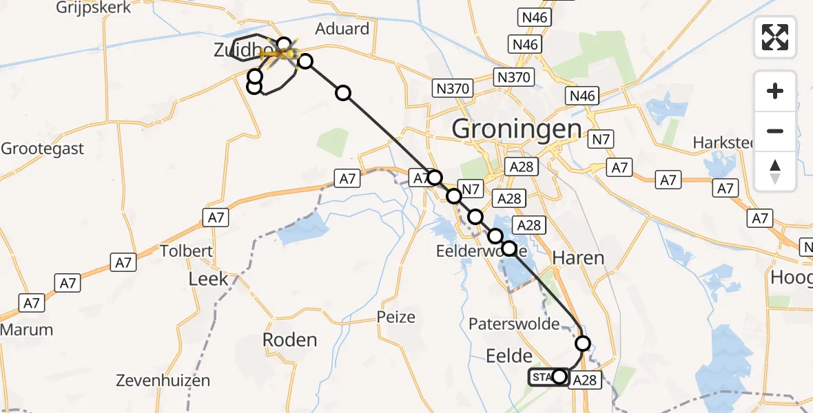 Vluchtroute Traumahelikopter Groningen Airport Eelde - Zuidhorn, 18 oktober 2026, 19:41
