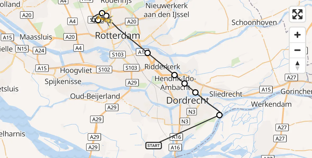 Vluchtroute Traumahelikopter Strijen - Rotterdam The Hague Airport, 18 oktober 2026, 19:42