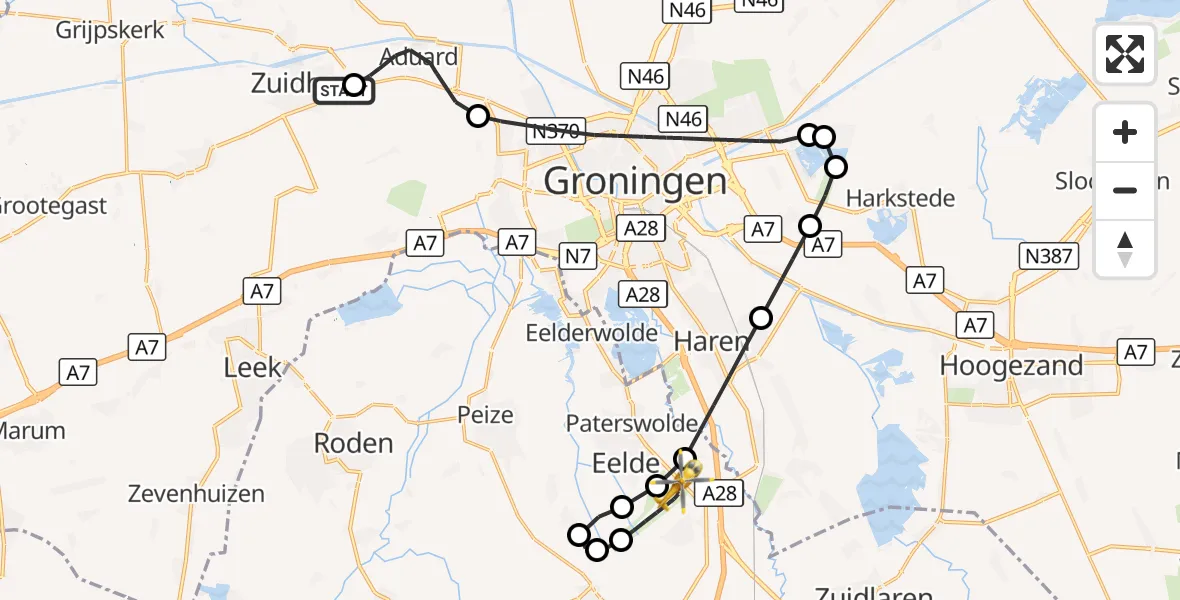 Vluchtroute Traumahelikopter Zuidhorn - Groningen Airport Eelde, 18 oktober 2026, 19:53