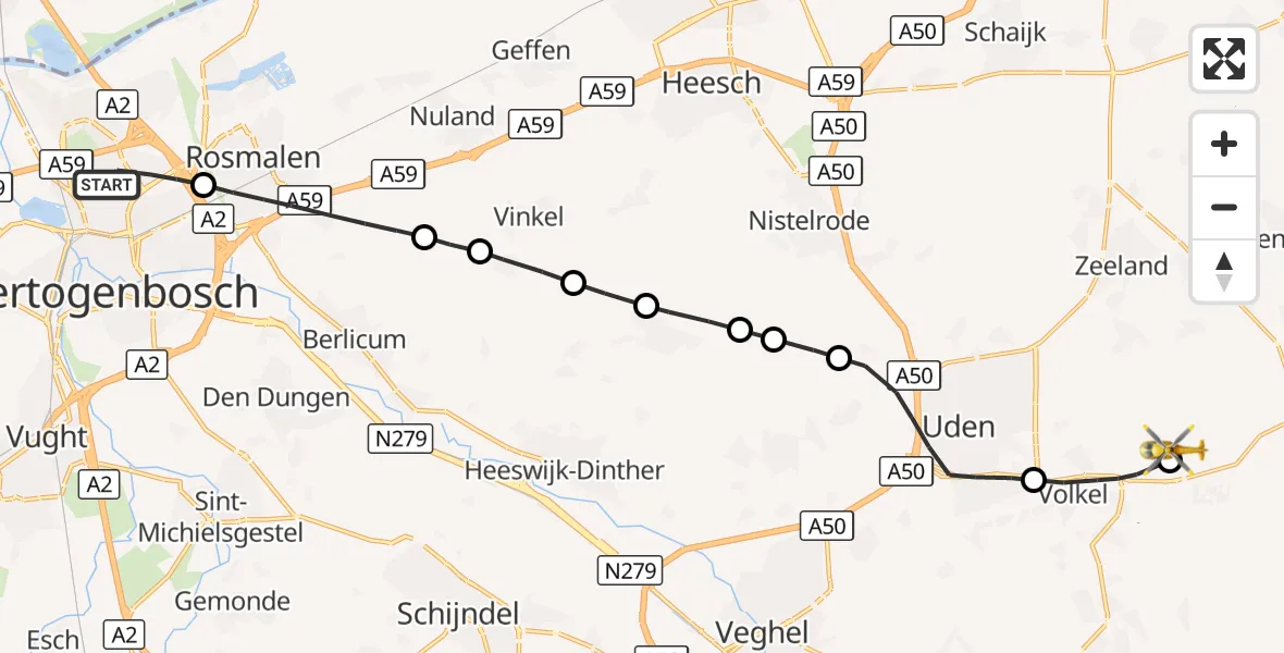 Vluchtroute Traumahelikopter 's-Hertogenbosch - Vliegbasis Volkel, 19 oktober 2026, 07:10