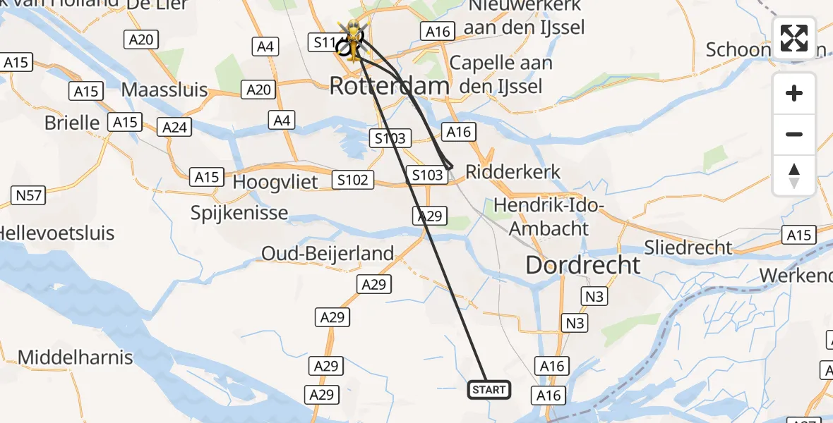 Vluchtroute Traumahelikopter Strijen - Rotterdam The Hague Airport, 19 oktober 2026, 07:48