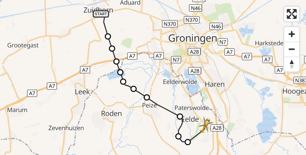 Vluchtroute Traumahelikopter Zuidhorn - Groningen Airport Eelde, 19 oktober 2026, 12:08