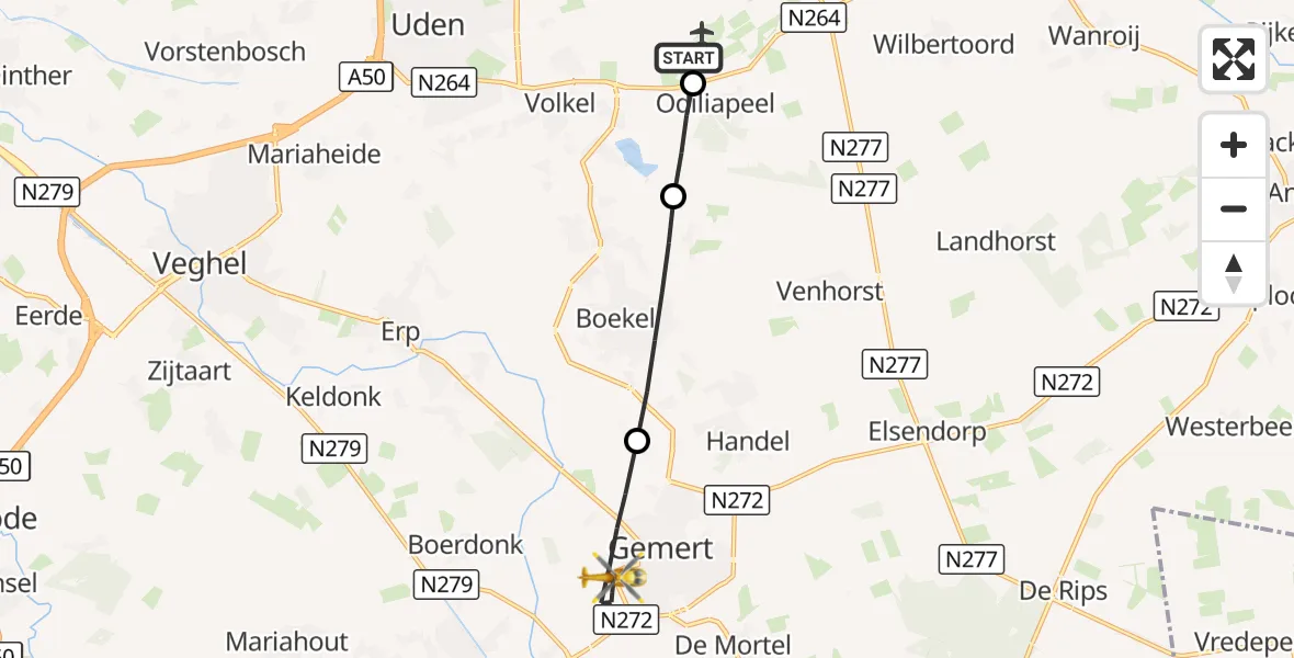 Vluchtroute Traumahelikopter Vliegbasis Volkel - Gemert, 19 oktober 2026, 13:21
