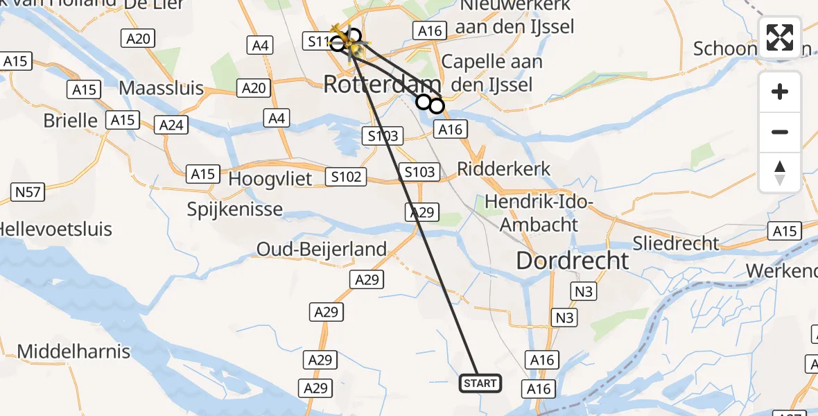 Vluchtroute Traumahelikopter Strijen - Rotterdam The Hague Airport, 19 oktober 2026, 13:29