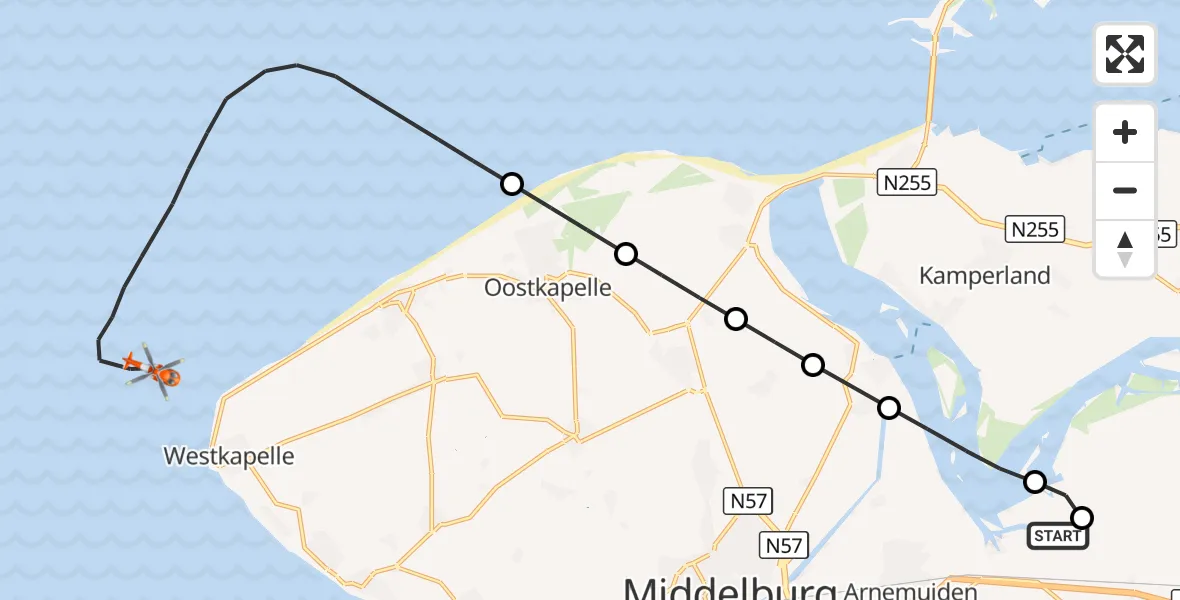 Vluchtroute Kustwachthelikopter Vliegveld Midden-Zeeland - Noordzee, 19 oktober 2026, 15:10