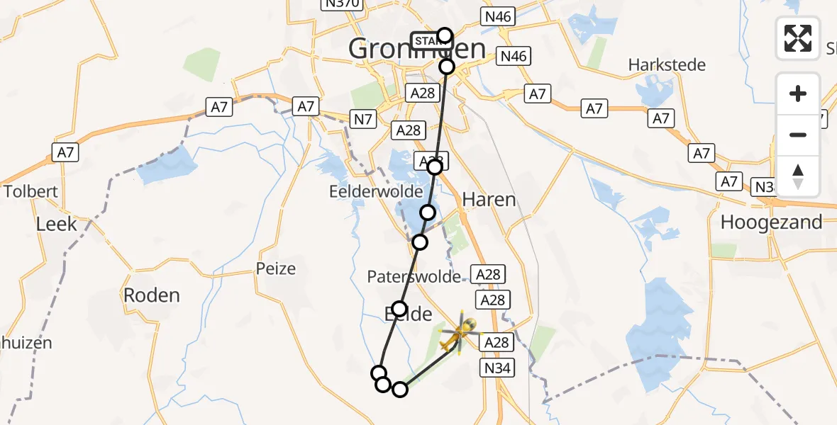 Vluchtroute Traumahelikopter Universitair Medisch Centrum Groningen - Groningen Airport Eelde, 19 oktober 2026, 15:15