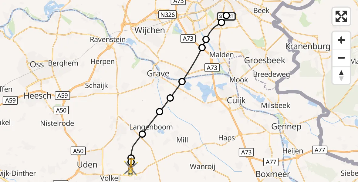 Vluchtroute Traumahelikopter Radboud Universitair Medisch Centrum - Vliegbasis Volkel, 19 oktober 2026, 15:40