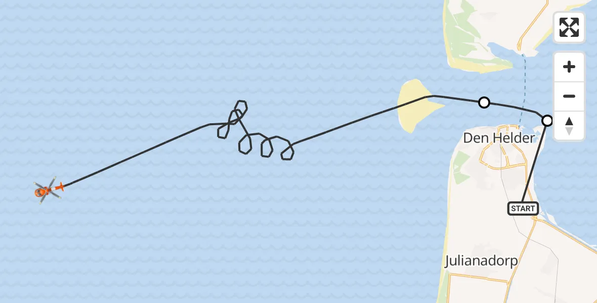 Vluchtroute Kustwachthelikopter Militair vliegveld De Kooy / Den Helder Airport - Noordzee, 19 oktober 2026, 16:37
