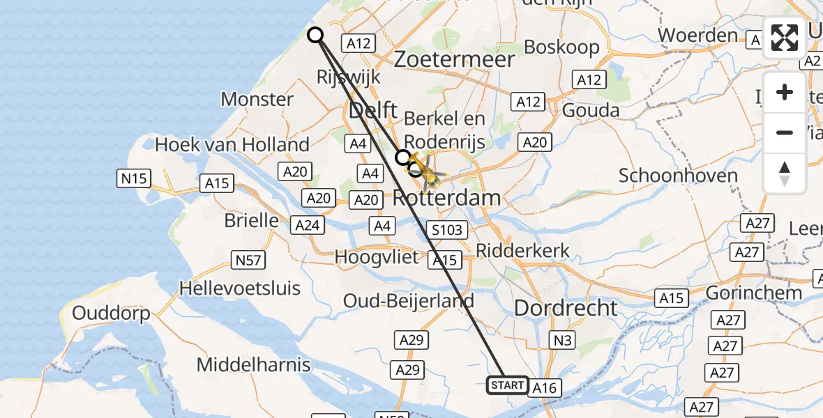 Vluchtroute Traumahelikopter Strijen - Rotterdam The Hague Airport, 19 oktober 2026, 16:37