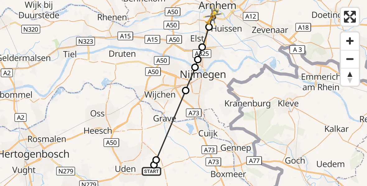 Vluchtroute Traumahelikopter Vliegbasis Volkel - Arnhem, 19 oktober 2026, 16:37