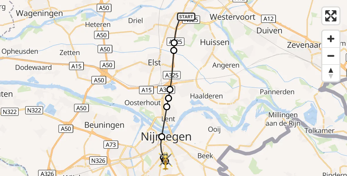 Vluchtroute Traumahelikopter Arnhem - Radboud University Medical Center Heliport, 19 oktober 2026, 17:09