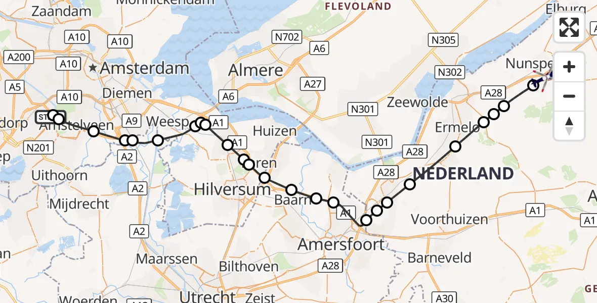 Vluchtroute Politiehelikopter Amsterdam Vliegveld Schiphol - Nunspeet, 19 oktober 2026, 17:24