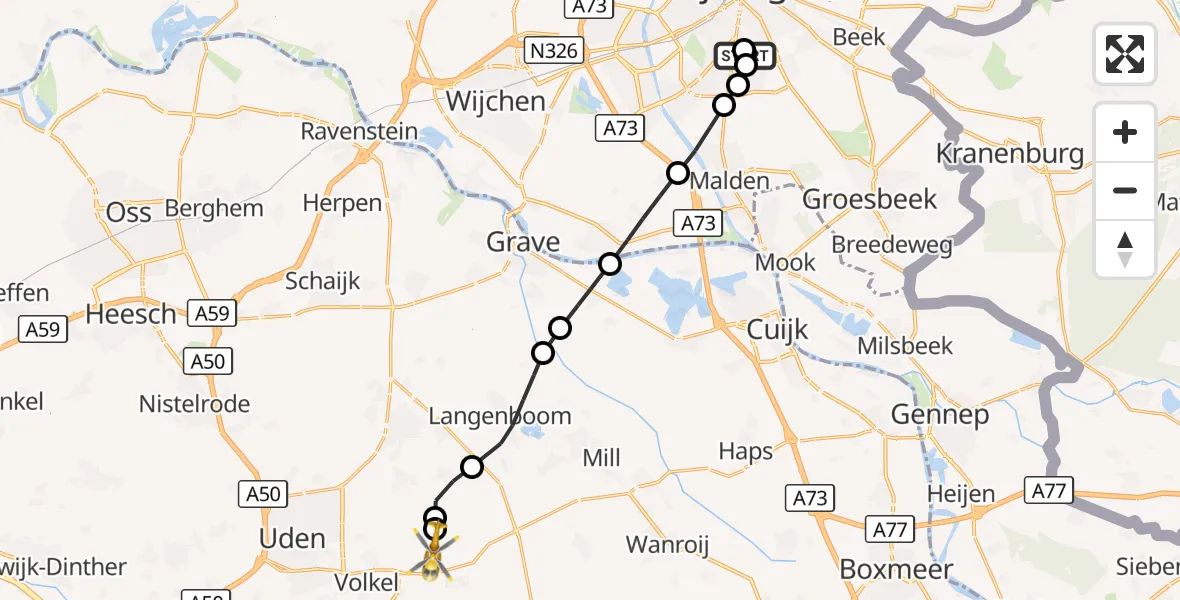 Vluchtroute Traumahelikopter Radboud Universitair Medisch Centrum - Vliegbasis Volkel, 19 oktober 2026, 17:27