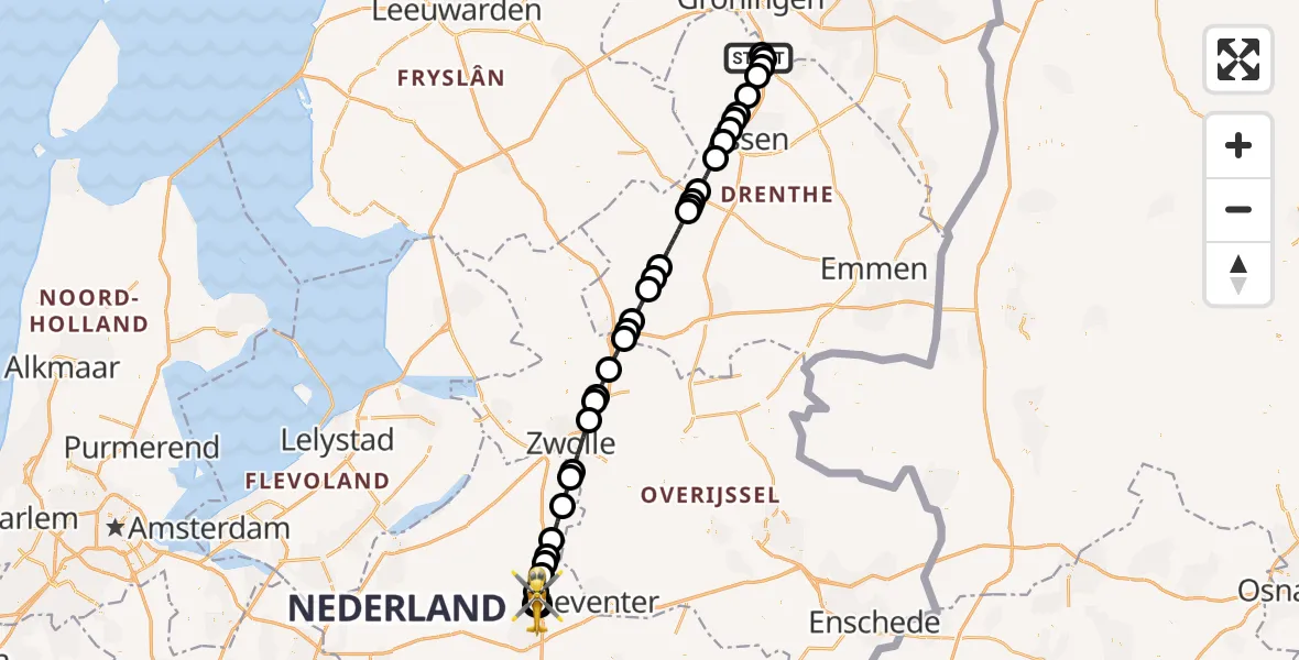 Vluchtroute Traumahelikopter Groningen Airport Eelde - Beemte Broekland, 19 oktober 2026, 18:19