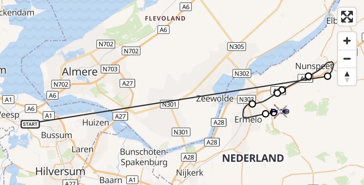 Vluchtroute Politiehelikopter Weesp - Ermelo, 19 oktober 2026, 18:26