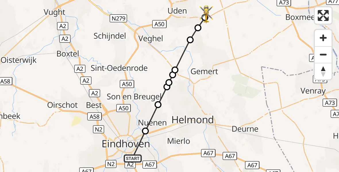 Vluchtroute Traumahelikopter Eindhoven - Vliegbasis Volkel, 19 oktober 2026, 18:47