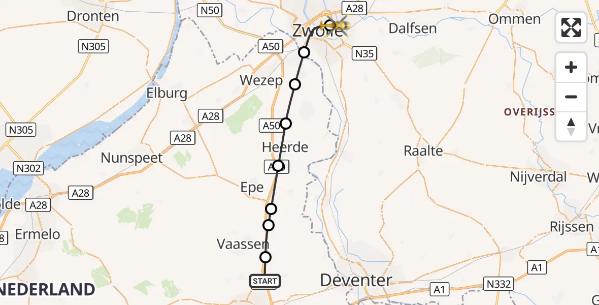 Vluchtroute Traumahelikopter Beemte Broekland - Isala Hospital Zwolle Heliport, 19 oktober 2026, 19:04