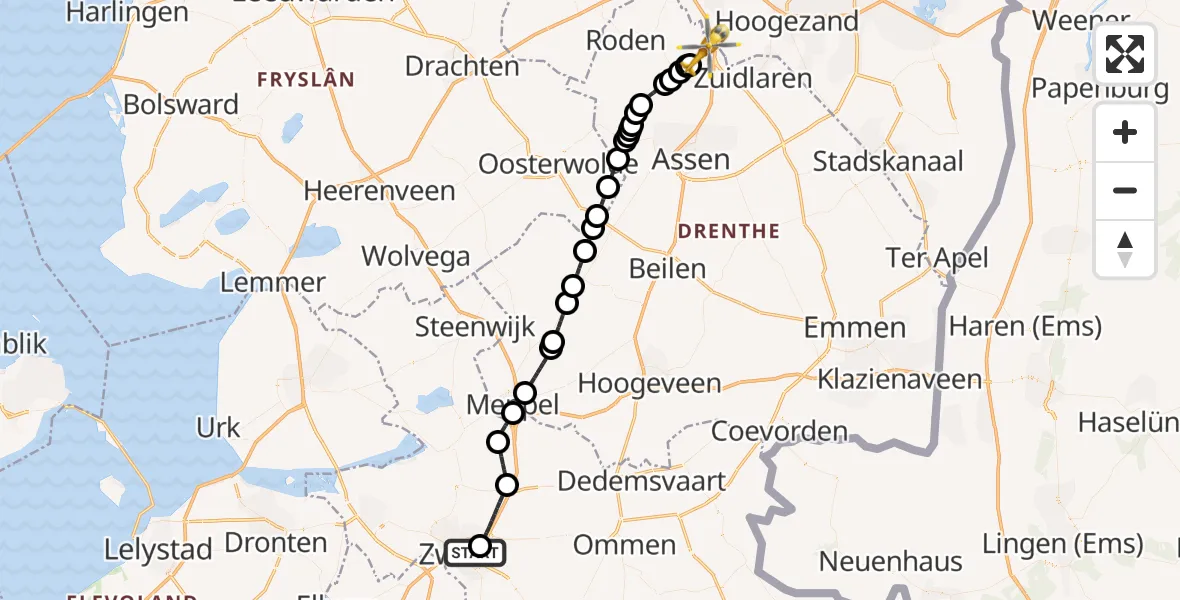 Vluchtroute Traumahelikopter Isala Hospital Zwolle Heliport - Groningen Airport Eelde, 19 oktober 2026, 19:44