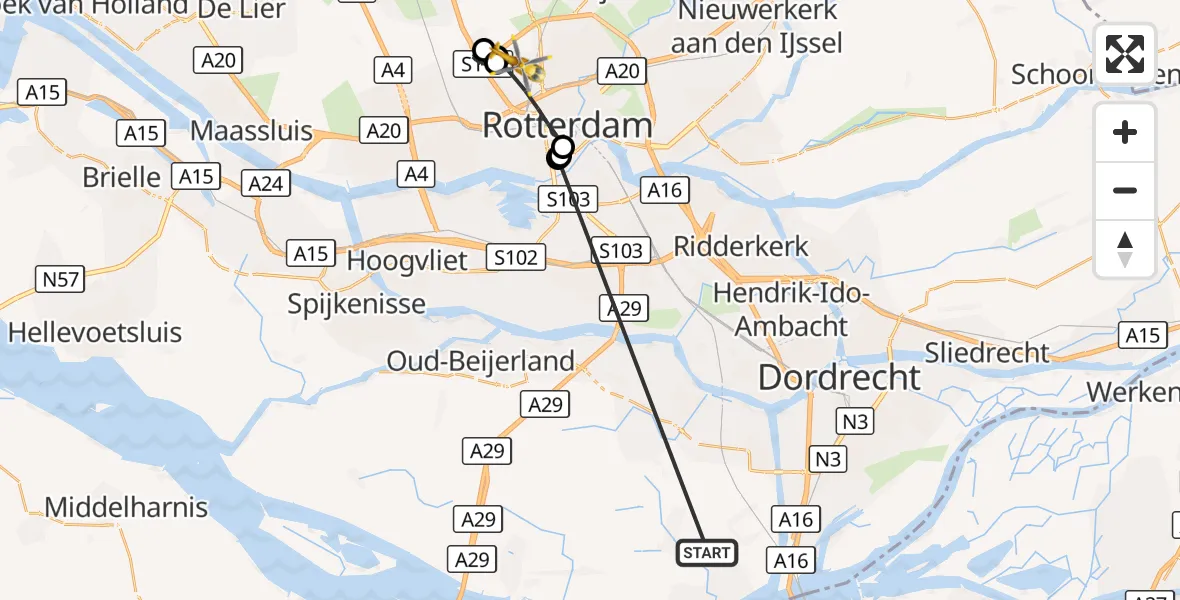 Vluchtroute Traumahelikopter Strijen - Rotterdam The Hague Airport, 20 oktober 2026, 01:30