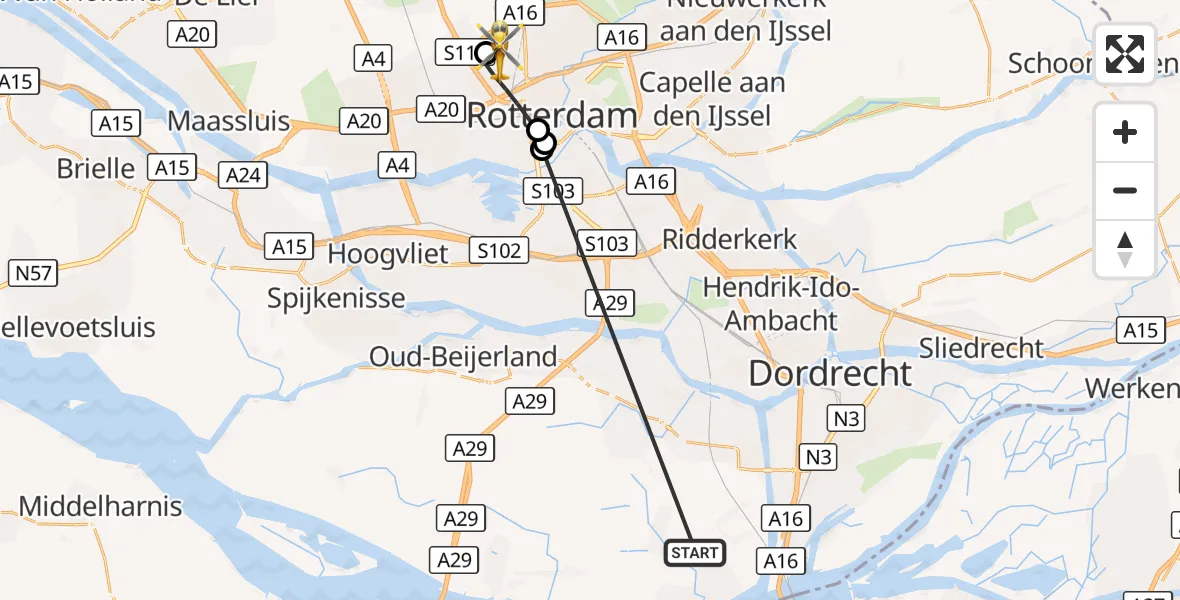 Vluchtroute Traumahelikopter Strijen - Rotterdam The Hague Airport, 20 oktober 2026, 07:13