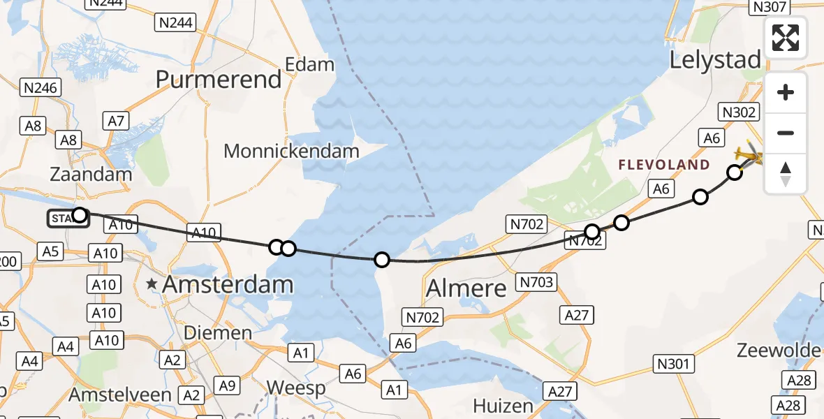 Vluchtroute Traumahelikopter Amsterdam Heliport - Lelystad Airport, 20 oktober 2026, 08:22