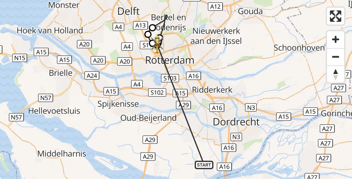 Vluchtroute Traumahelikopter Strijen - Rotterdam The Hague Airport, 20 oktober 2026, 08:28
