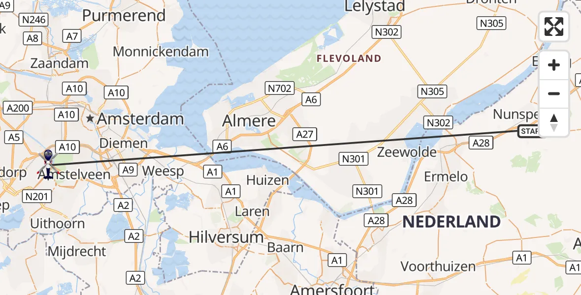 Vluchtroute Politiehelikopter Nunspeet - Amsterdam Vliegveld Schiphol, 20 oktober 2026, 11:03