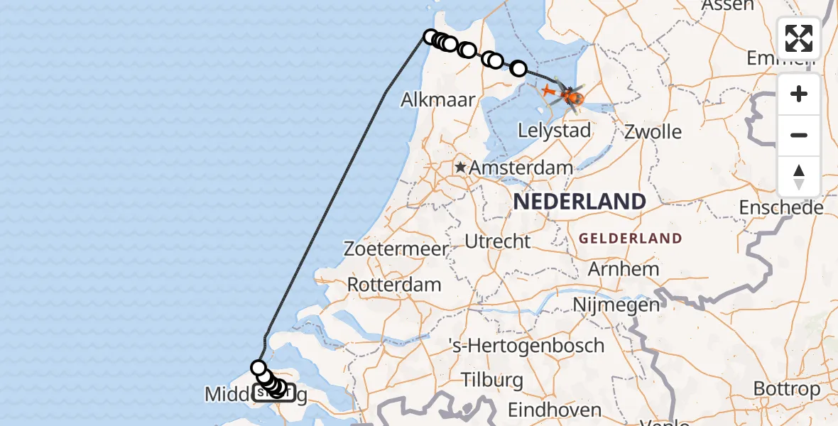 Vluchtroute Kustwachthelikopter vanuit Vliegveld Midden-Zeeland