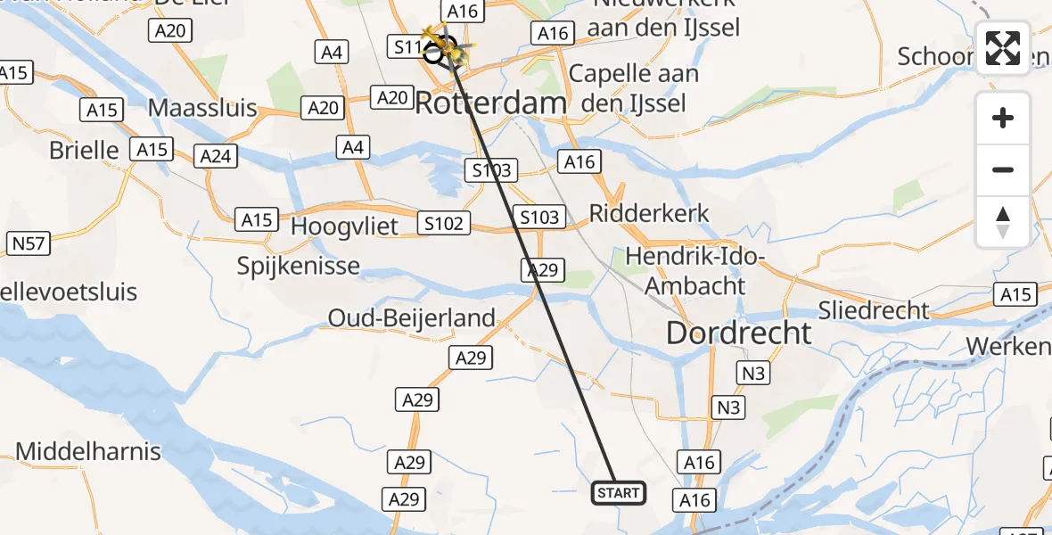 Vluchtroute Traumahelikopter Strijen - Rotterdam The Hague Airport, 20 oktober 2026, 11:40