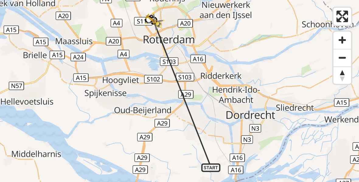 Vluchtroute Traumahelikopter Strijen - Rotterdam The Hague Airport, 20 oktober 2026, 12:59