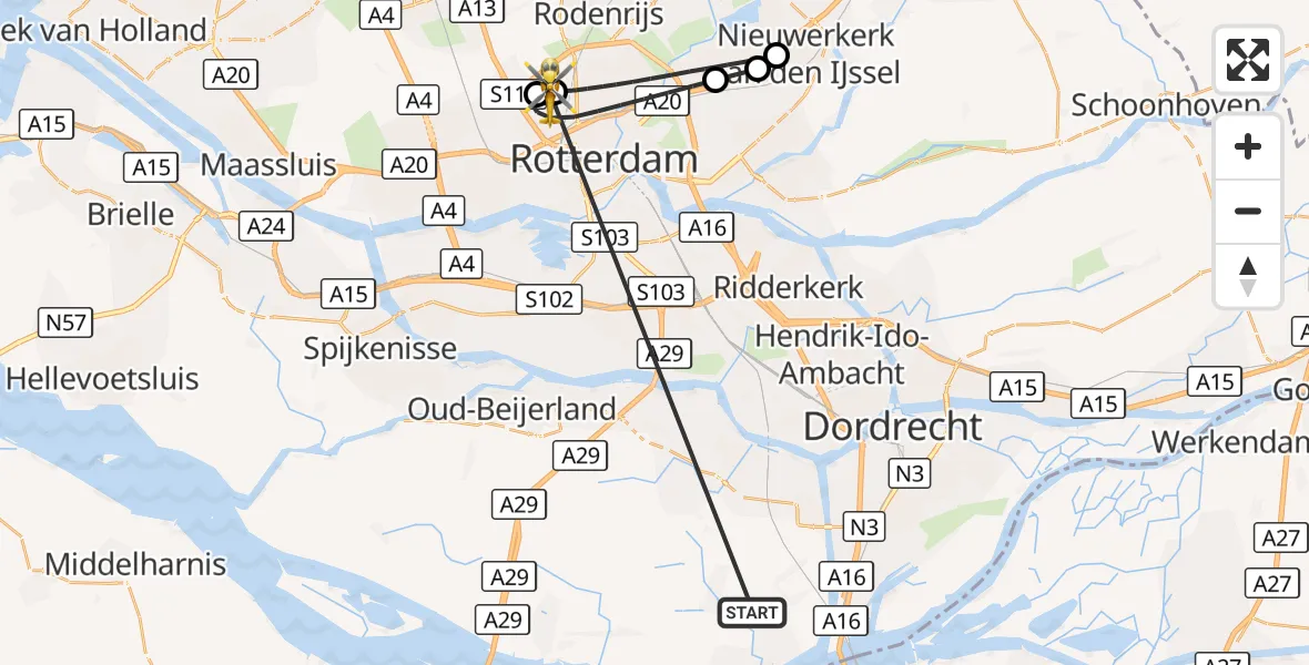 Vluchtroute Traumahelikopter Strijen - Rotterdam The Hague Airport, 20 oktober 2026, 14:28