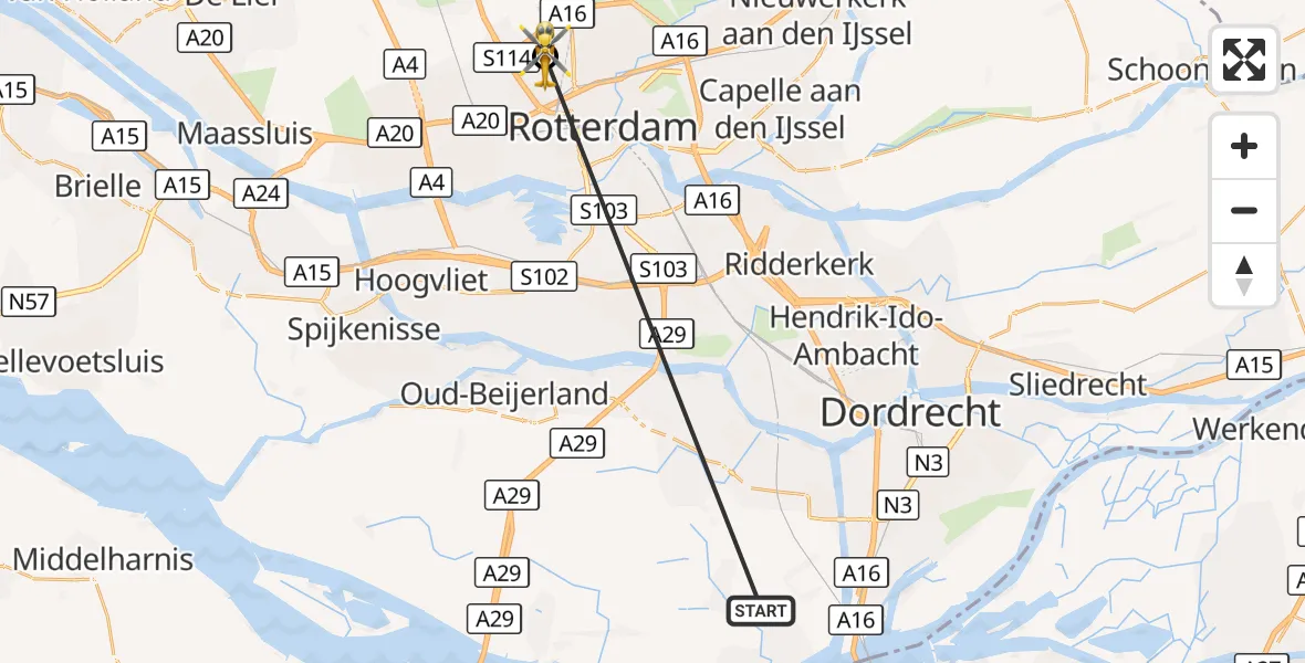 Vluchtroute Traumahelikopter Strijen - Rotterdam The Hague Airport, 20 oktober 2026, 15:12
