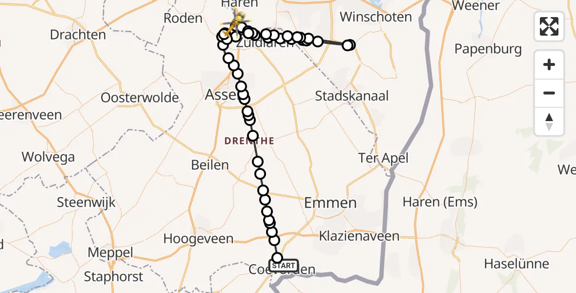 Vluchtroute Traumahelikopter Coevorden - Groningen Airport Eelde, 20 oktober 2026, 16:03