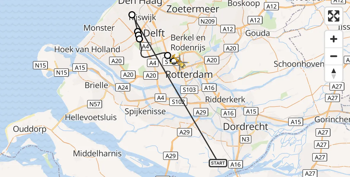 Vluchtroute Traumahelikopter Strijen - Rotterdam The Hague Airport, 20 oktober 2026, 16:43