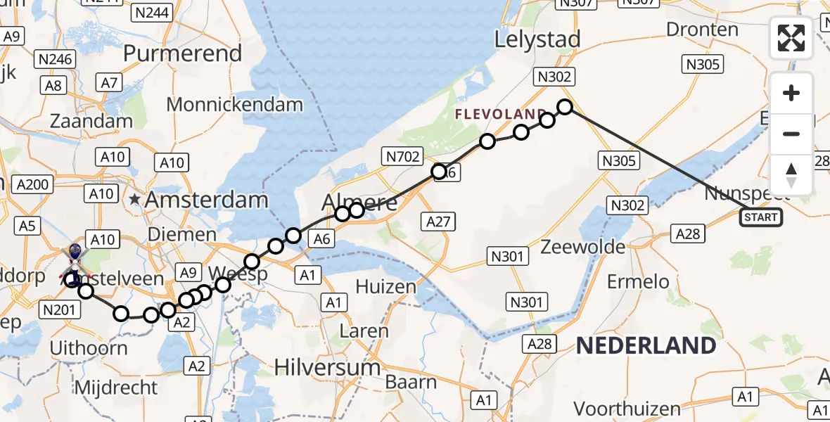 Vluchtroute Politiehelikopter Nunspeet - Amsterdam Vliegveld Schiphol, 20 oktober 2026, 18:57