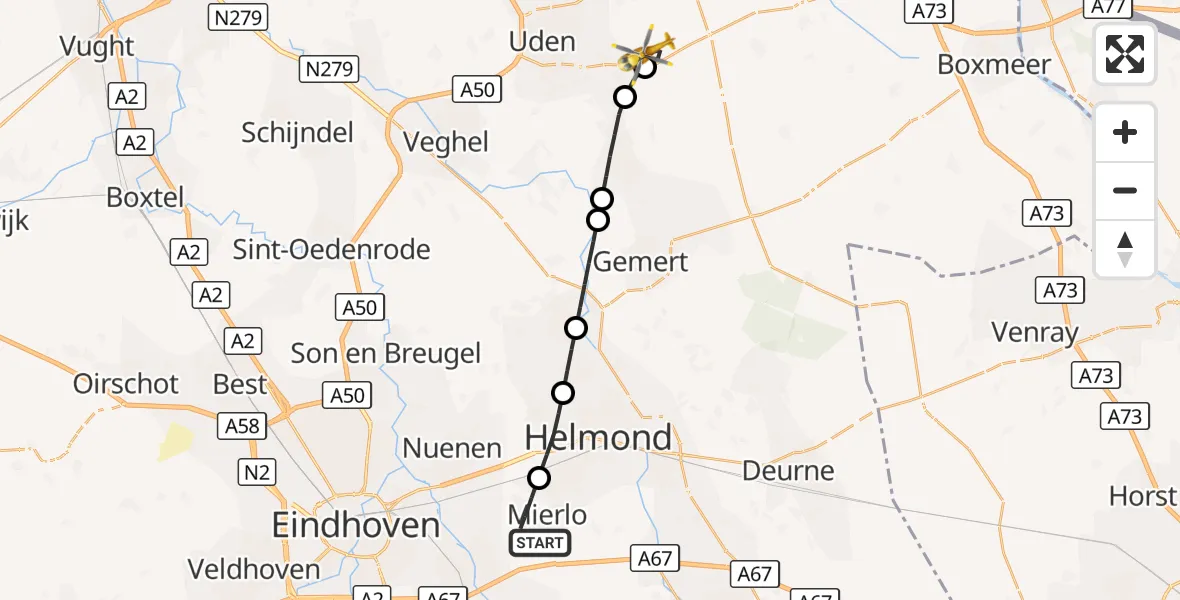 Vluchtroute Traumahelikopter Mierlo - Vliegbasis Volkel, 21 oktober 2026, 05:27