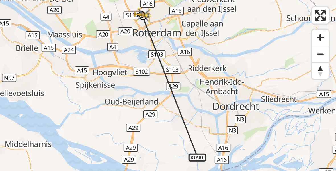 Vluchtroute Traumahelikopter Strijen - Rotterdam The Hague Airport, 21 oktober 2026, 07:06