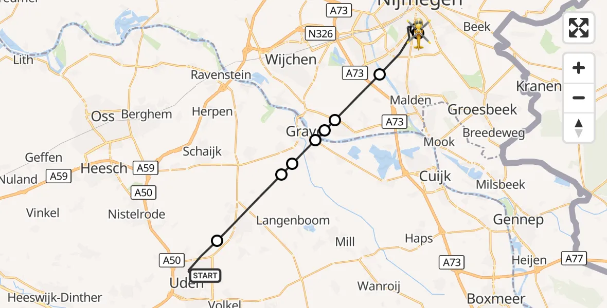 Vluchtroute Traumahelikopter Uden - Radboud University Medical Center Heliport, 21 oktober 2026, 07:55