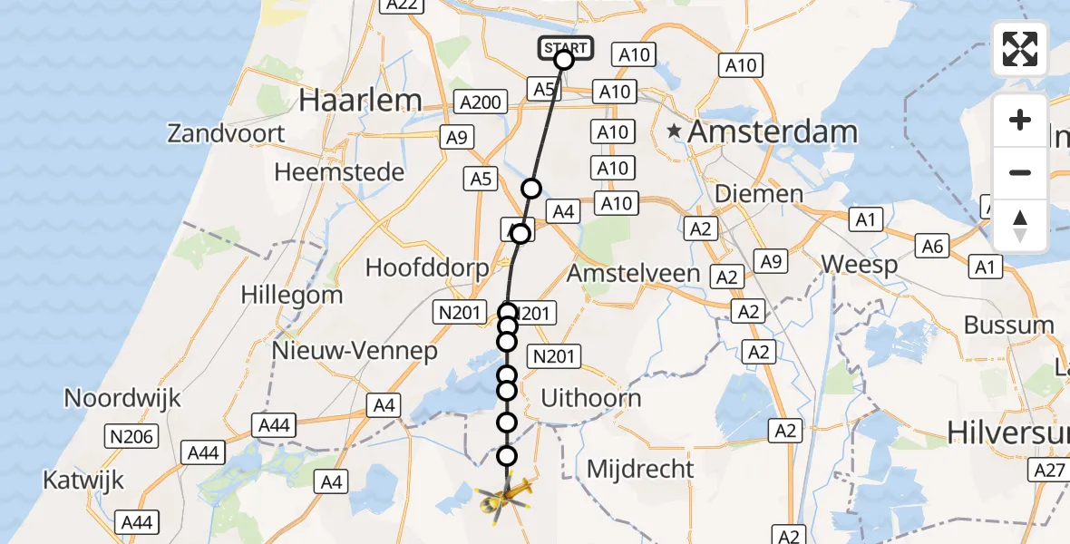 Vluchtroute Traumahelikopter Amsterdam Heliport - Nieuwveen, 21 oktober 2026, 08:08