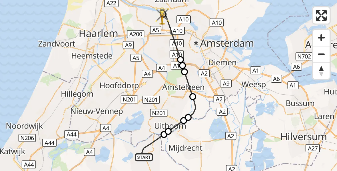 Vluchtroute Traumahelikopter Nieuwveen - Amsterdam Heliport, 21 oktober 2026, 08:34