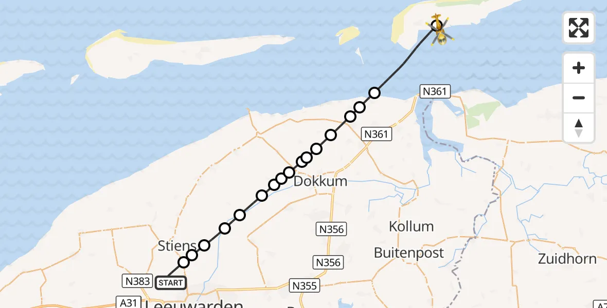 Vluchtroute Ambulancehelikopter Vliegbasis Leeuwarden - Schiermonnikoog Heliport, 21 oktober 2026, 14:45