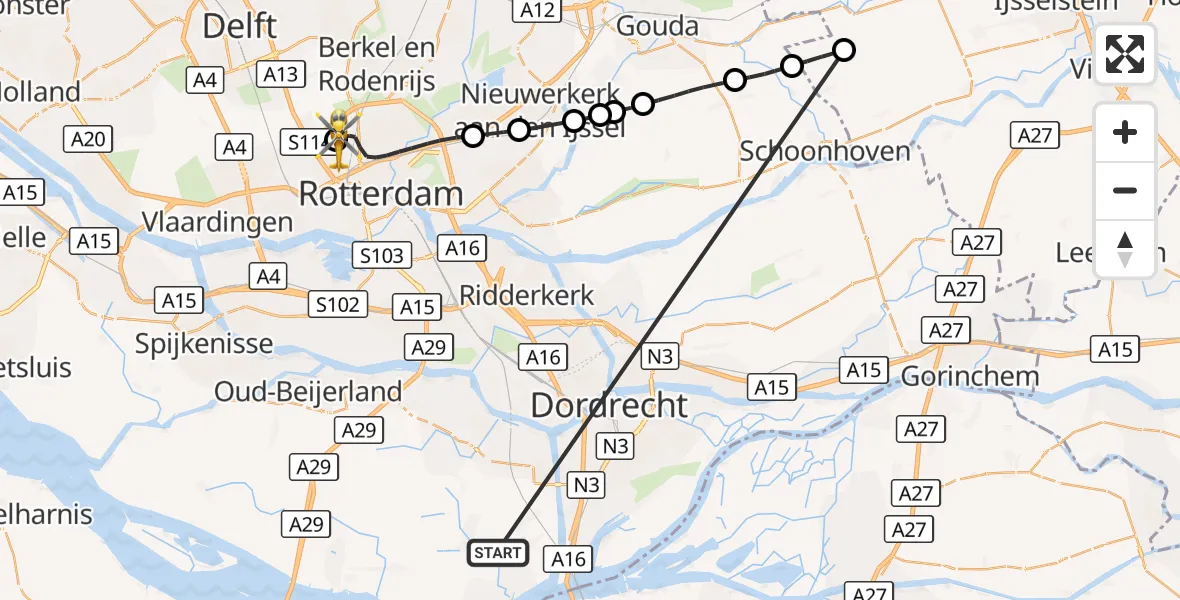 Vluchtroute Traumahelikopter Strijen - Rotterdam The Hague Airport, 21 oktober 2026, 14:49