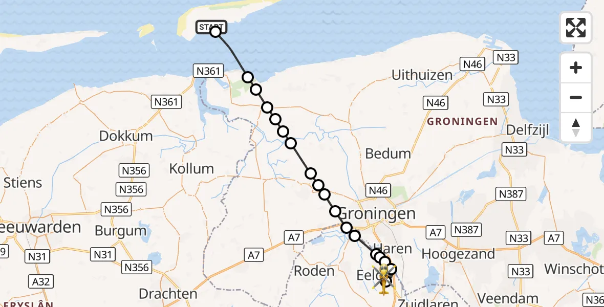 Vluchtroute Ambulancehelikopter Schiermonnikoog Heliport - Groningen Airport Eelde, 21 oktober 2026, 15:09