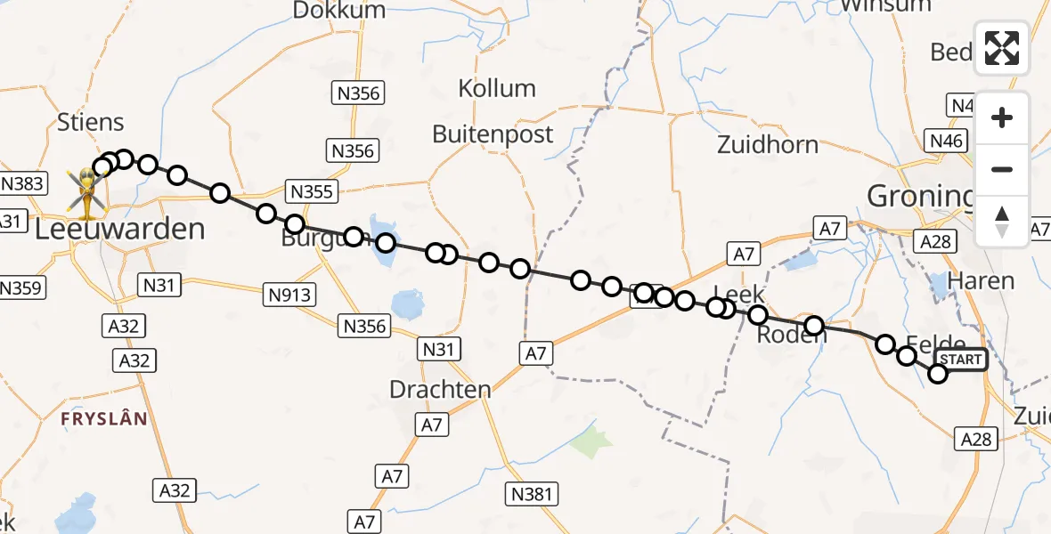 Vluchtroute Ambulancehelikopter Groningen Airport Eelde - Vliegbasis Leeuwarden, 21 oktober 2026, 15:44