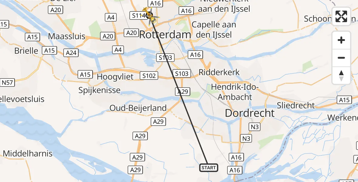 Vluchtroute Traumahelikopter Strijen - Rotterdam The Hague Airport, 21 oktober 2026, 16:56
