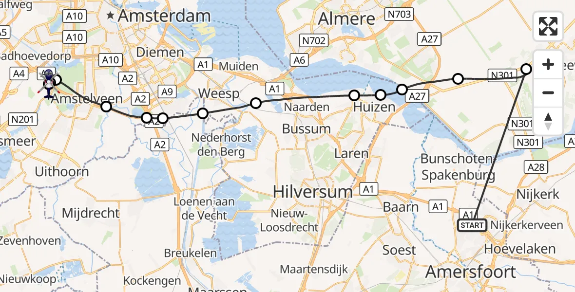 Vluchtroute Politiehelikopter Amersfoort - Amsterdam Vliegveld Schiphol, 21 oktober 2026, 18:34