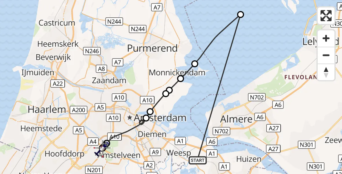 Vluchtroute Politiehelikopter Weesp - Amsterdam Vliegveld Schiphol, 21 oktober 2026, 22:50